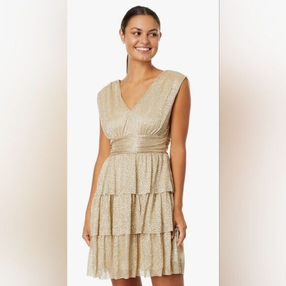 Lilly Pulitzer Ruffle Gold Maximalist Boho Feminine Chic Cocktail Dress NWT S - Picture 1 of 12